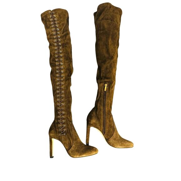 Jimmy Choo Marie 100 Brown Suede Over-the-Knee Sock Boot EU 36 High Heel Lace-Up - Picture 2 of 14
